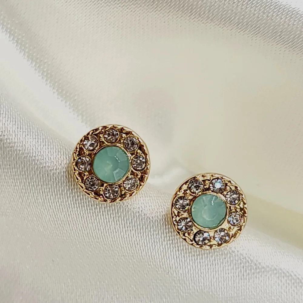 Gold Seafoam Diamond Halo Rhinestone Stud Button Earrings